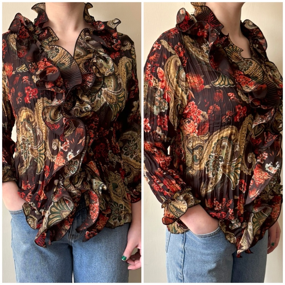 Vintage 90s Laura Petites Ruffled Button Front Pleated Floral and Paisley Blouse - Picture 1 of 15